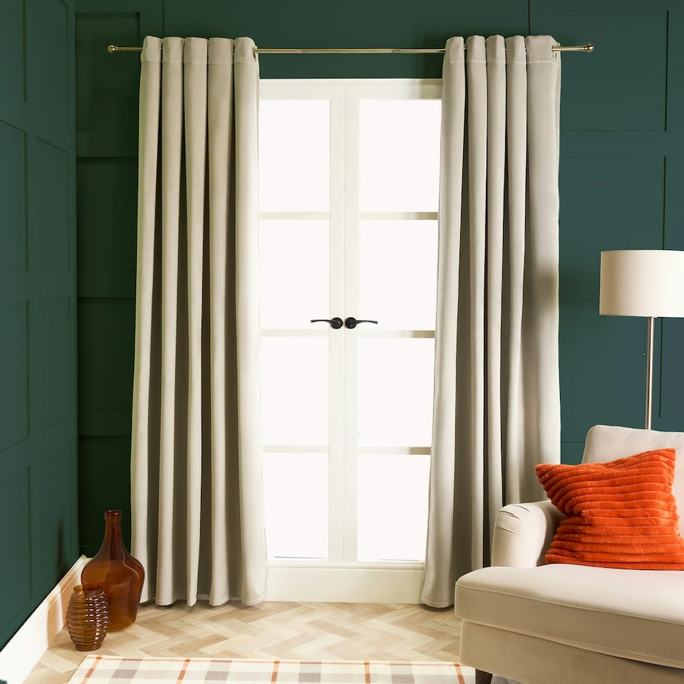 image 1 of OHS Soft Velvet Plain Dyed Thermal Insulated Panel Pair Eyelet Curtains, 46x54" Cream | Natural