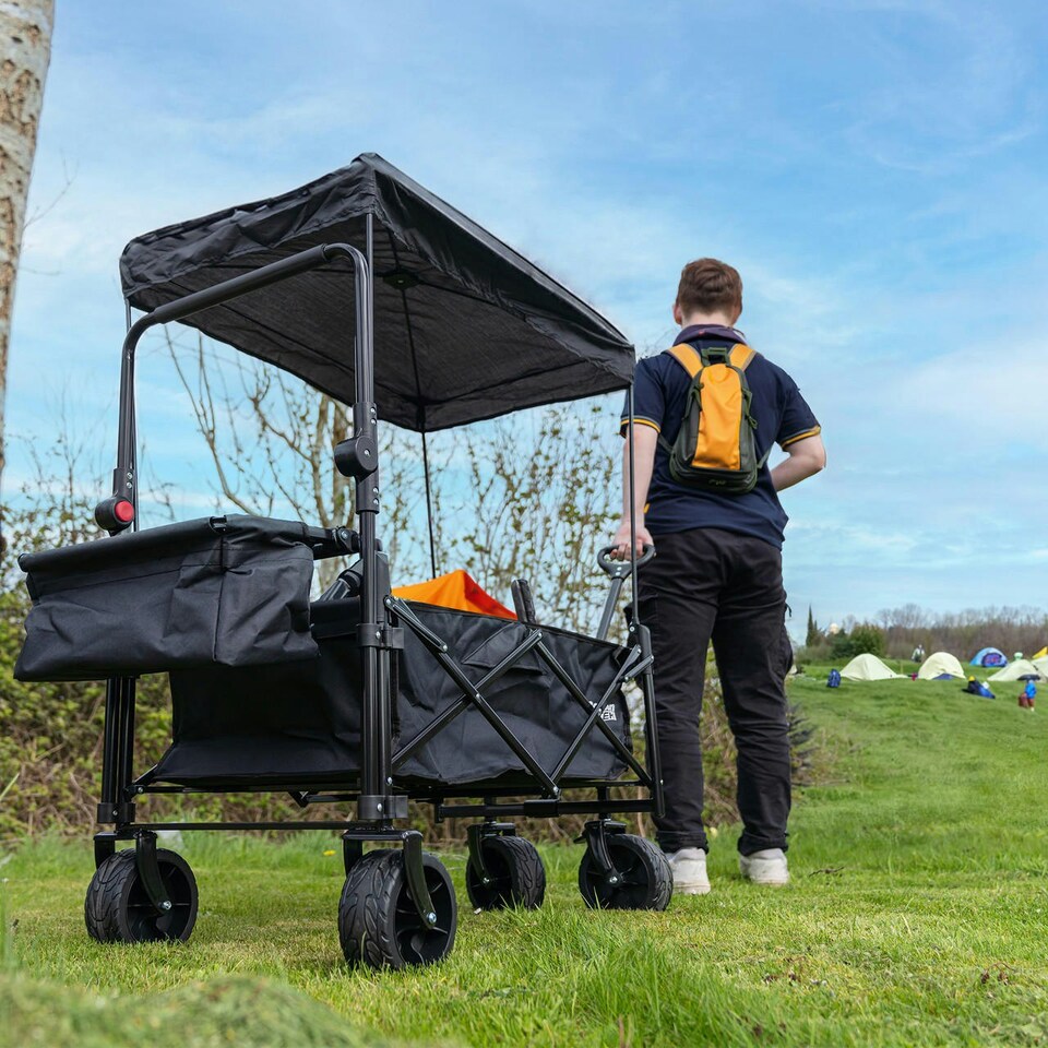 image 1 of GardenTek Garden Festival Trolley / Cart / Wagon with Wheels, Brakes, Canopy, Side Box, 90kg Load 120L Capacity | GTW330