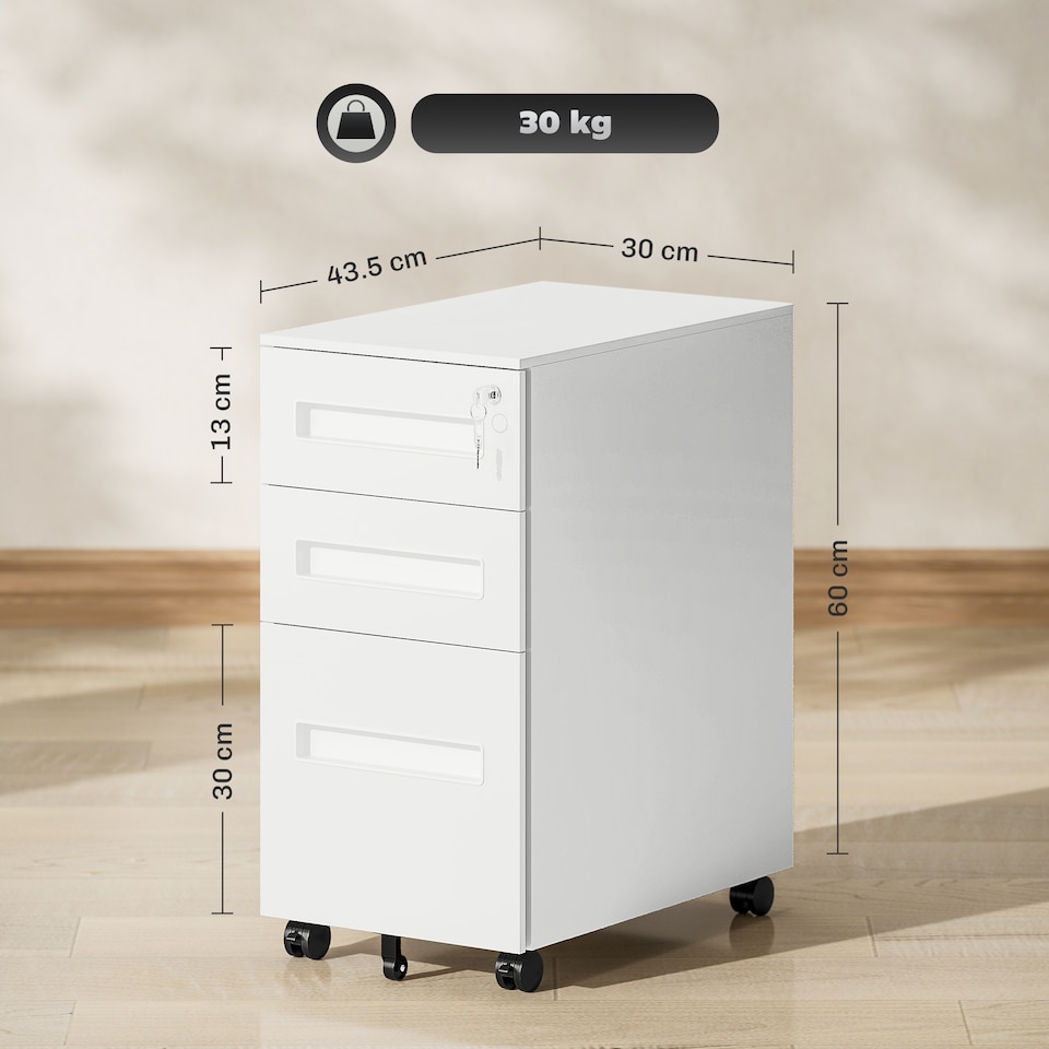 image 1 of Vinsetto 3 Drawer Mobile File Cabinet, Metal Filing Cabinet with Lock and 5 Wheels for A4 Legal Letter Sized Documents, Hanging File Folders, Pre-Assembled Body, 30 x 43.5 x 60 cm, White | White | White