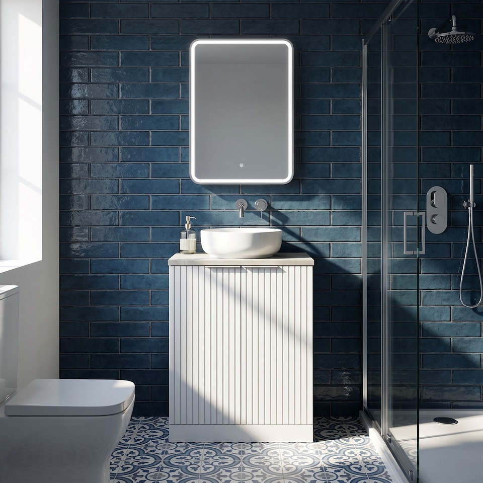 image 1 of Balterley Callingwood Contemporary Floor Standing 2 Door Vanity Unit with Marble Plaster Laminate Worktop , 600mm, Matt White