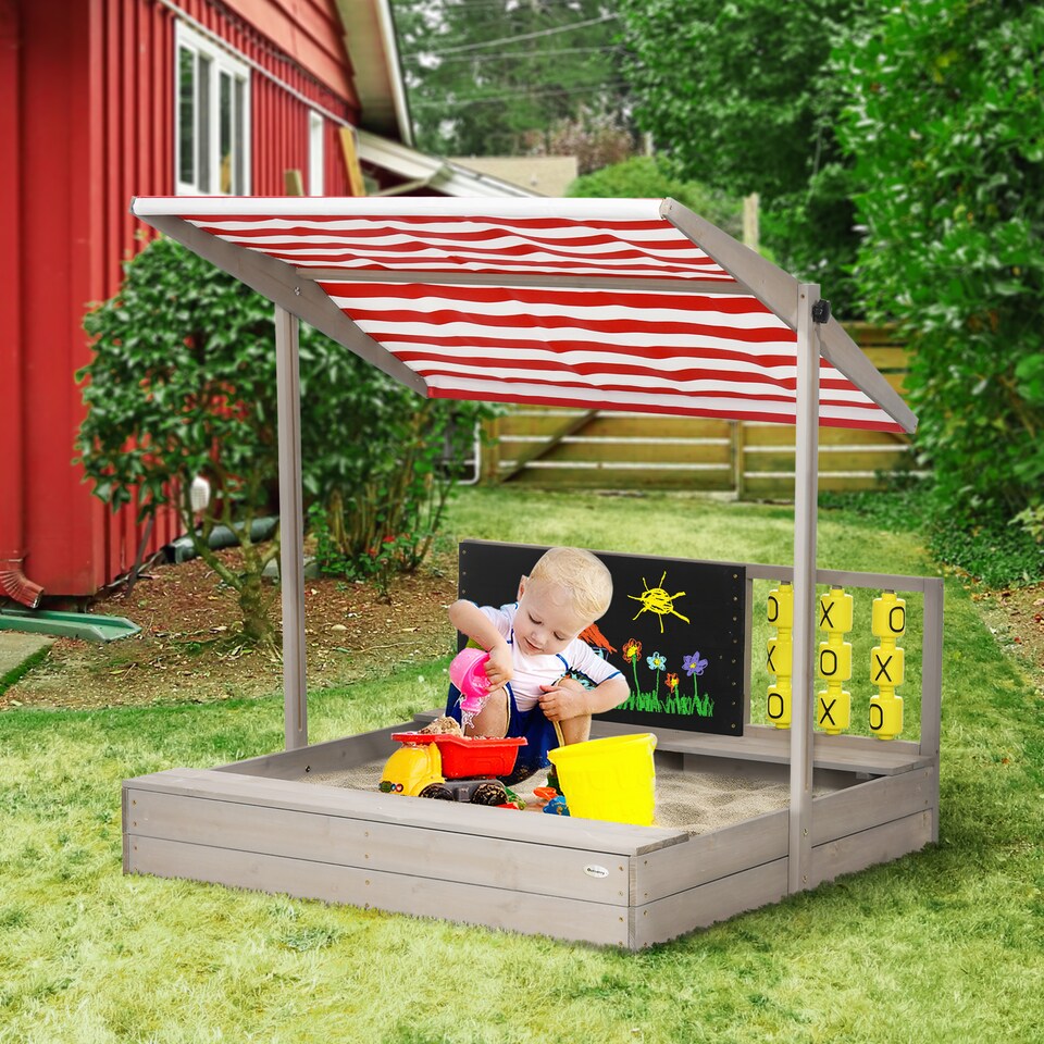 image 1 of Outsunny Kids Wooden Sandpit, Sandbox w Canopy, Seats, for Gardens - Grey