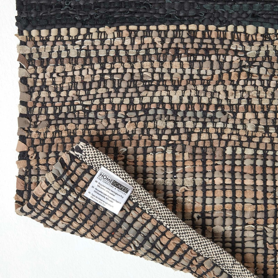 image 1 of Homescapes Black Recycled Leather Handwoven Herringbone Rug - 90 x 150 cm | Black | 90 x 150 cm