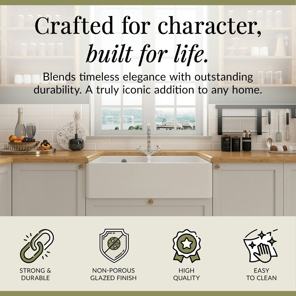 image 1 of Fireclay Kitchen Sink - 795mm Double Bowl Butler with Stepped Weir, Classic Tap and Wastes - Kitchen Bundle Set by Balterley