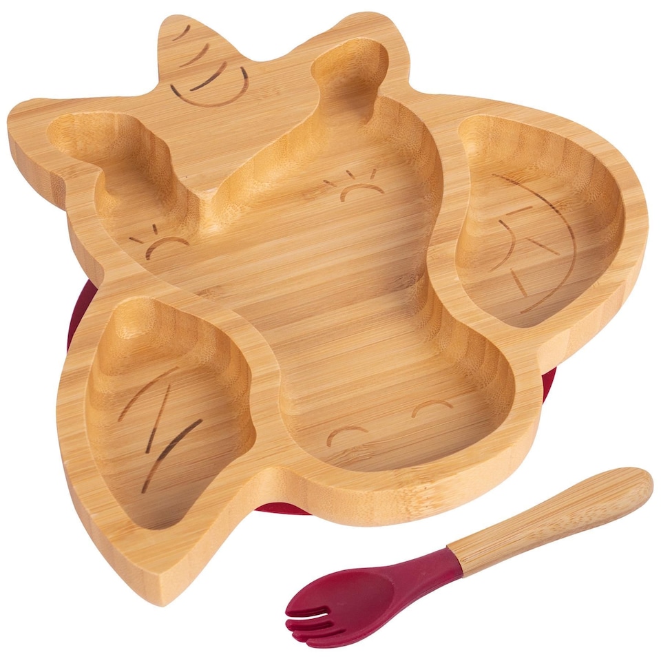 image 1 of Tiny Dining Bamboo Weaning Plate & Fork Set - Unicorn/Red - Divided Non-Slip Bamboo Baby Self-Feeding Weaning Plate & Cutlery