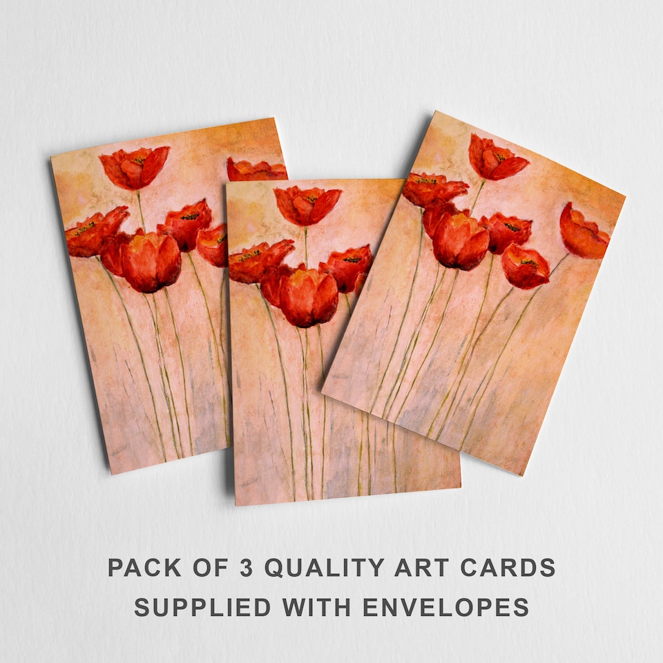 image 1 of Red Poppies Painting Greeting Card Floral Artwork Any Occasion Set of 3 Blank