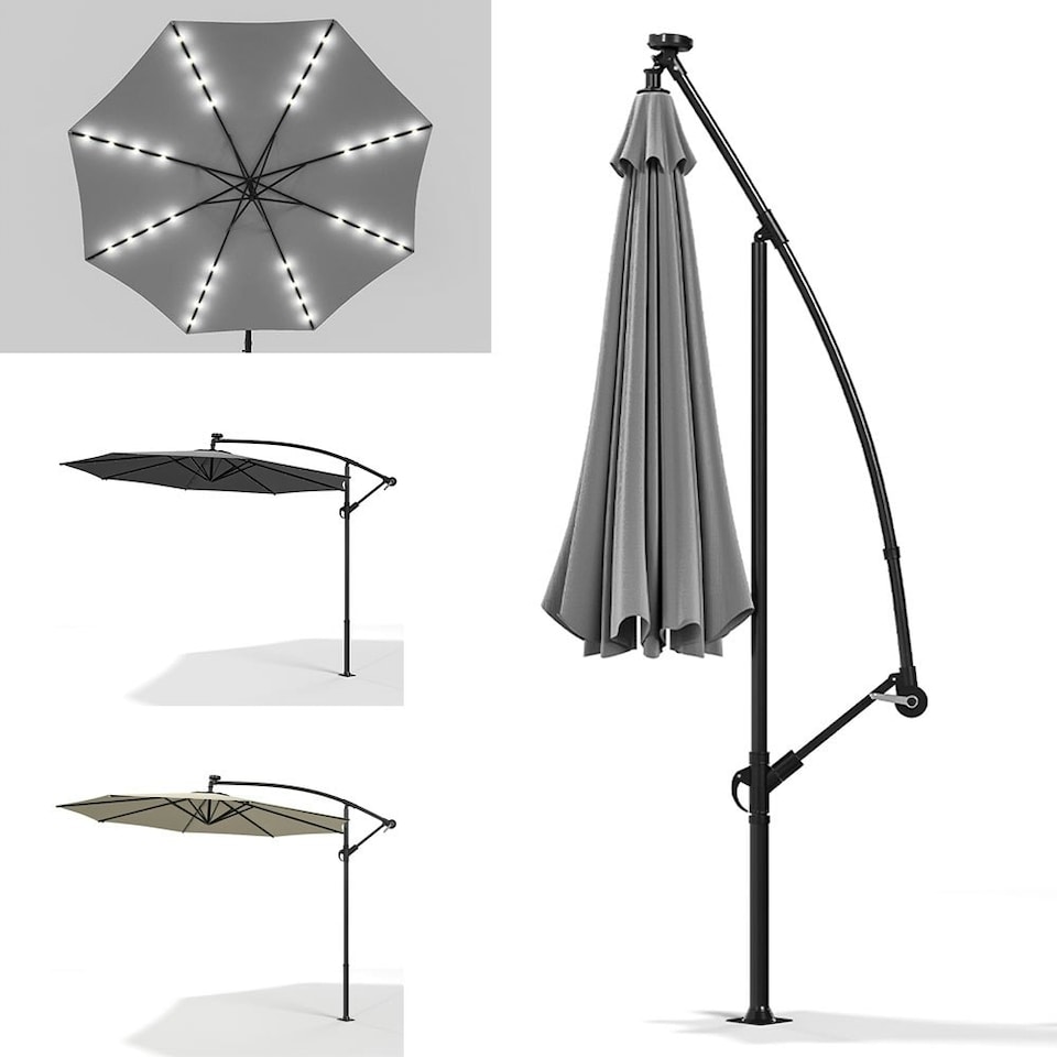 image 1 of Living and Home Outdoor 32 LED Lighted Patio Umbrella with Crank Lift System - Light Grey | Grey