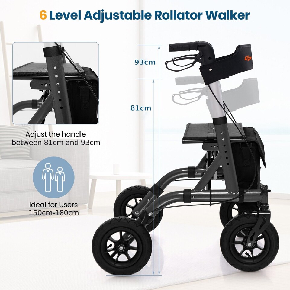 image 1 of COSTWAY Height Adjustable Foldable Rolling Walker with Seat Black