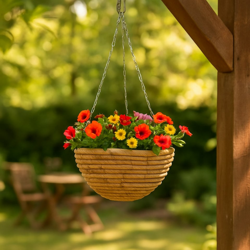 image 1 of Green Blade Rope Hanging Basket - 30cm - Planter Flower Pot Plant Pot Hanger Brown