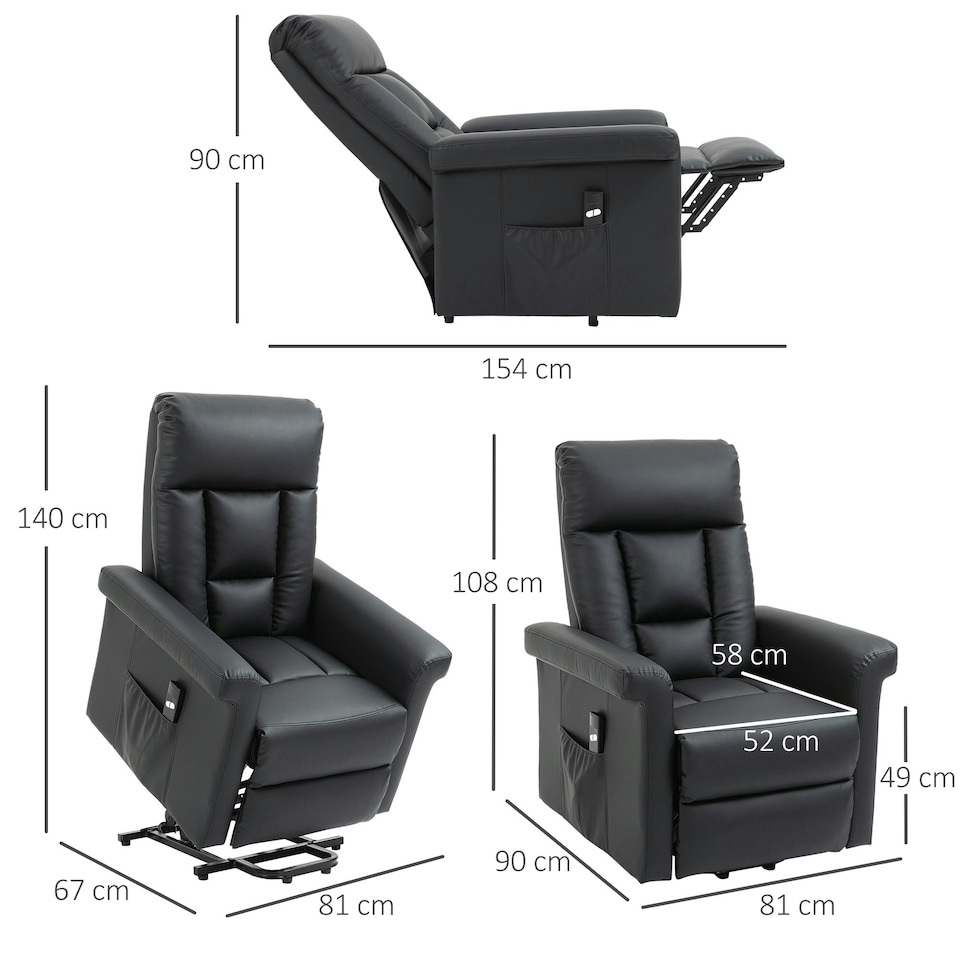image 1 of HOMCOM Power Lift Chair, PU Leather Electric Recliner with Side Pocket, Black | Black | One Size