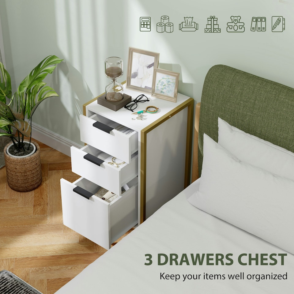 image 1 of HOMCOM Industrial 3-Drawer Bedroom Chest of Drawers with Metal Frame, White | White | 39cmx40cmx76.5cm