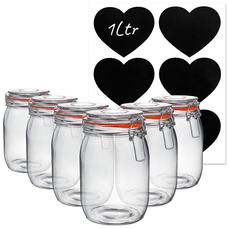 image 1 of Argon Tableware 6x Glass Storage Jars & Heart Labels Set - 1 Litre - 4 Seals Airtight Kitchen Storage Container Preserving Jar