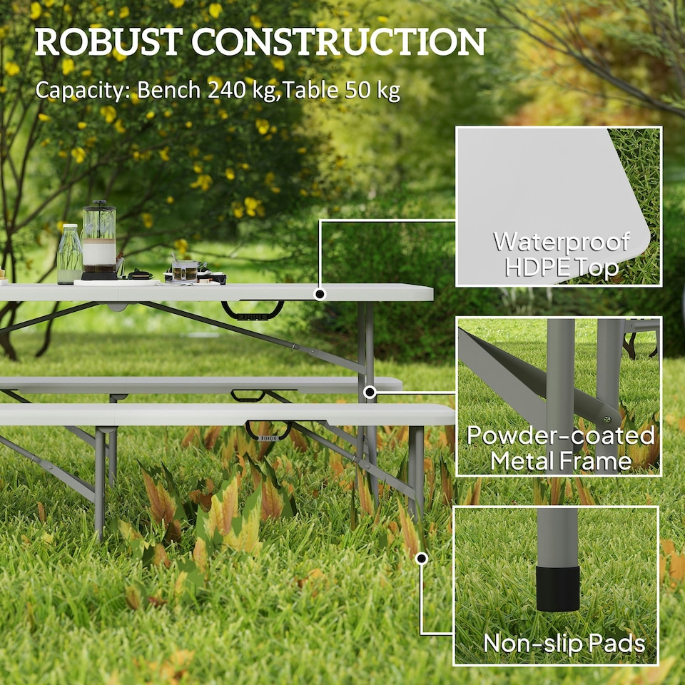 image 1 of Outsunny 3 Piece Folding Picnic Table and Bench Set with Handles, White