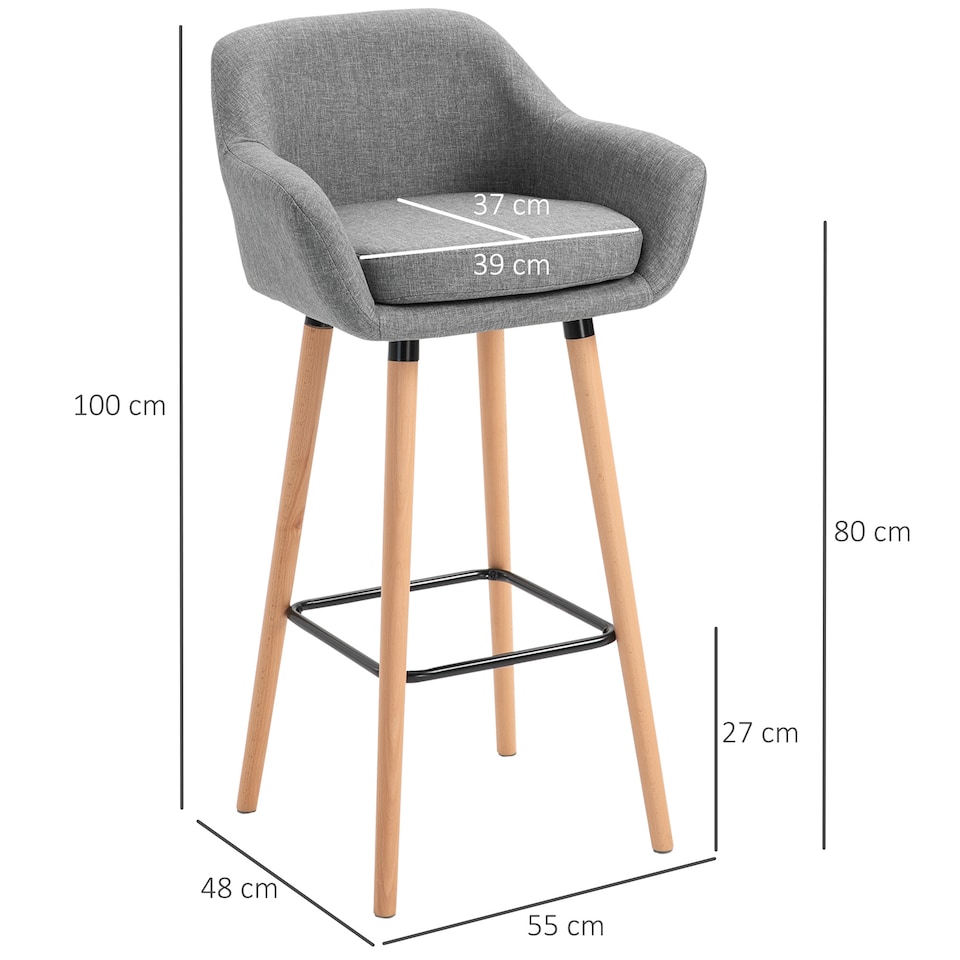 image 1 of HOMCOM Set of 2 Bar Stools Modern Upholstered Seat Bar Chairs with Metal Frame, Solid Wood Legs Living Room Dining Room Fabric Furniture - Grey