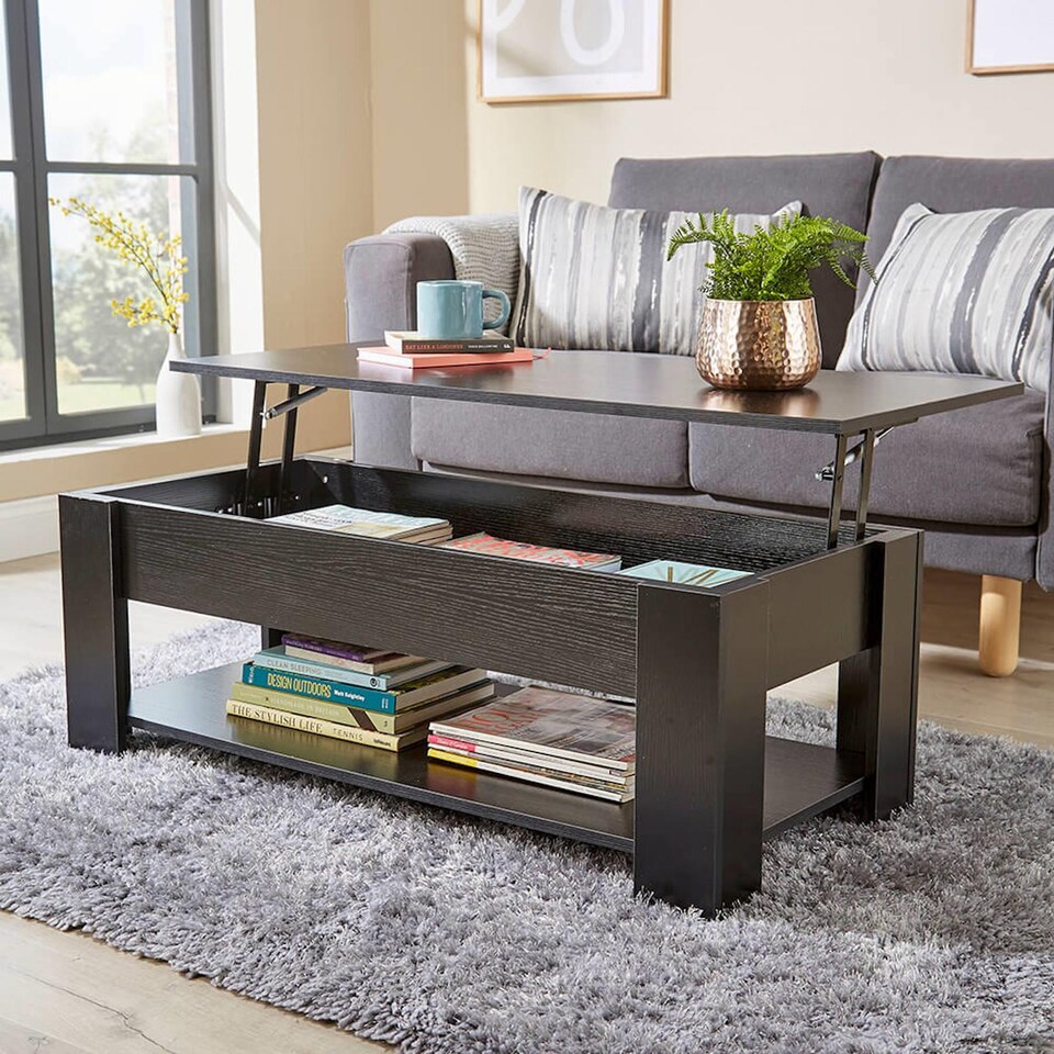 image 1 of Wooden Coffee Table With Lift Up Top Storage Area and Magazine Shelf | Black