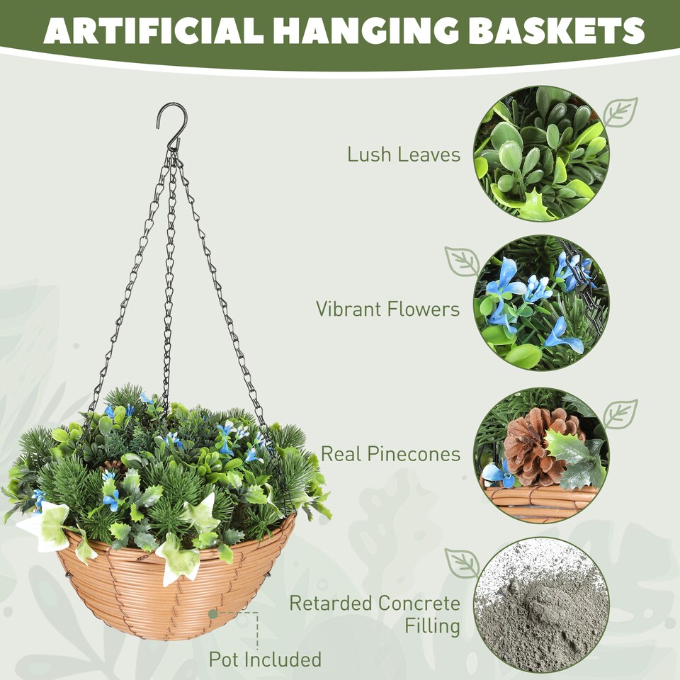 image 1 of HOMCOM Artificial Flowers in Basket Set of 2 with PE Leaves and 18 Flowers