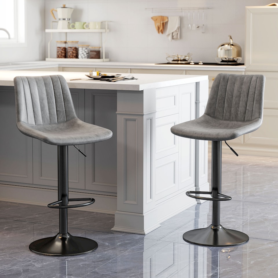 image 1 of HOMCOM Modern Bar Stools Set of 2, Height Adjustable Swivel Bar Chairs with Backrest, Gas Lift and Footrest, Leathaire Barstools for Breakfast Counter, Kitchen Island, Grey