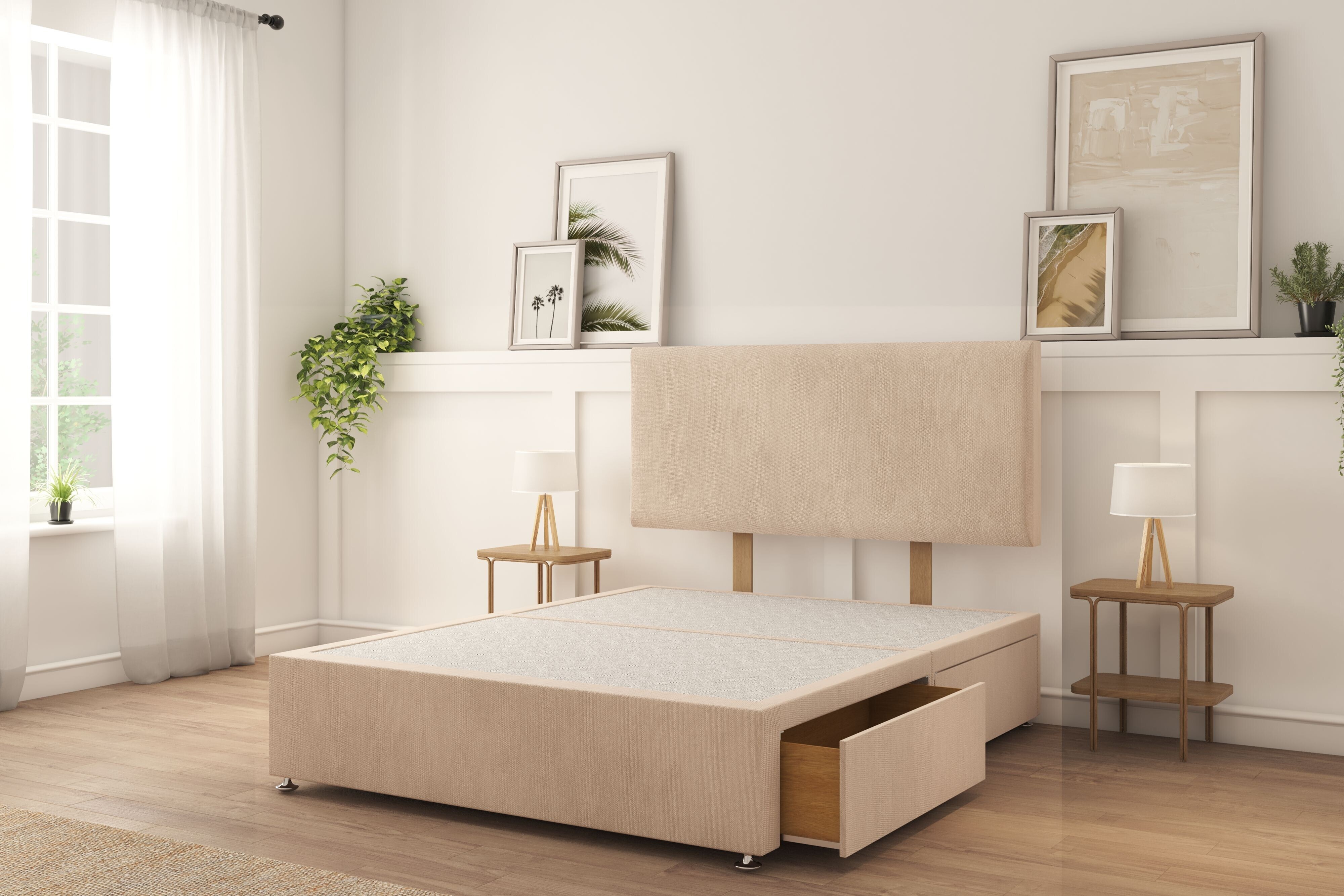 Sloomy Ashford Sand Naples Divan Bed Base 2 Drawers Foot-End With 26" Strutted Headboard 4'6 Double