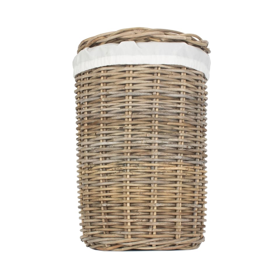 image 1 of Small Round Rattan Laundry Hamper Basket with White Lining | Brown | Rattan