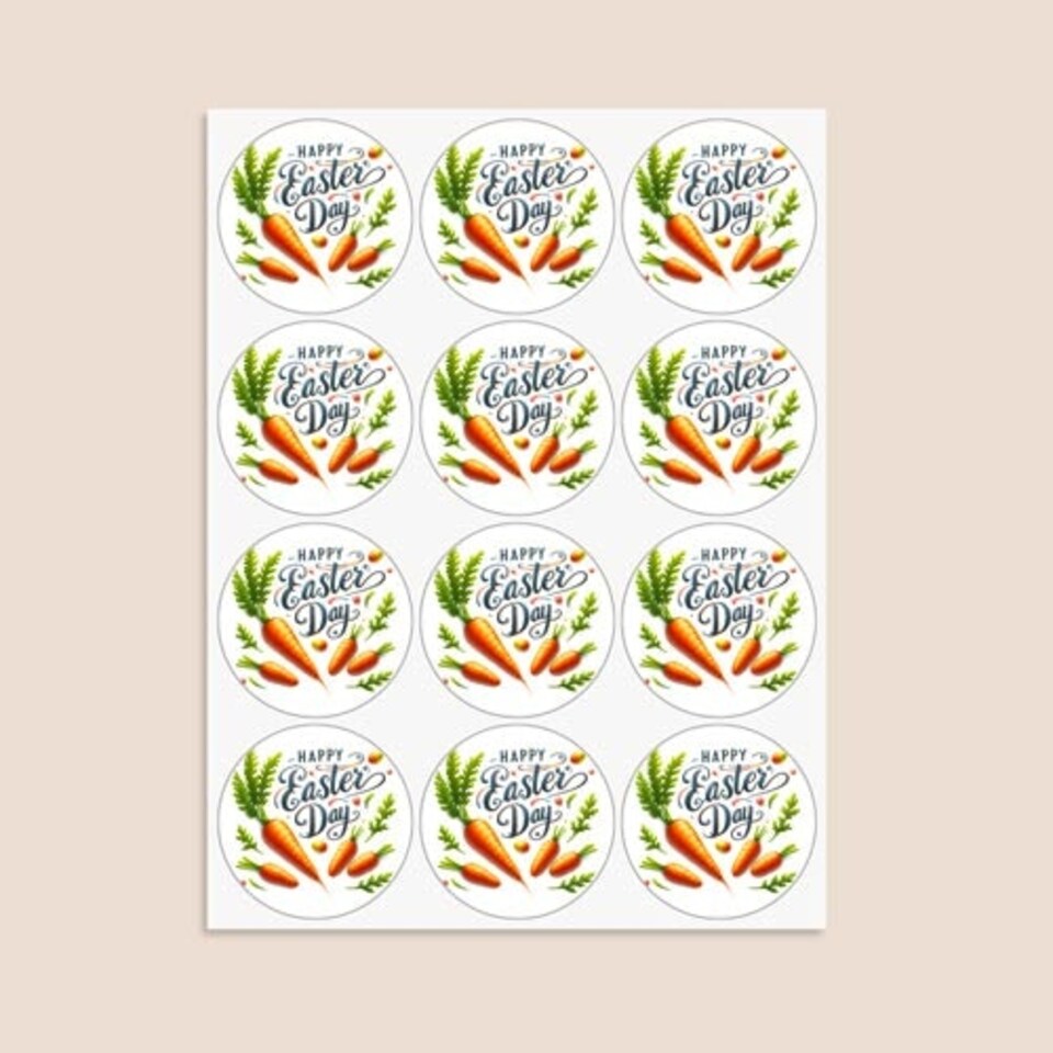 image 1 of Happy Easter Carrots Round Stickers 60mm - Sheet of 12