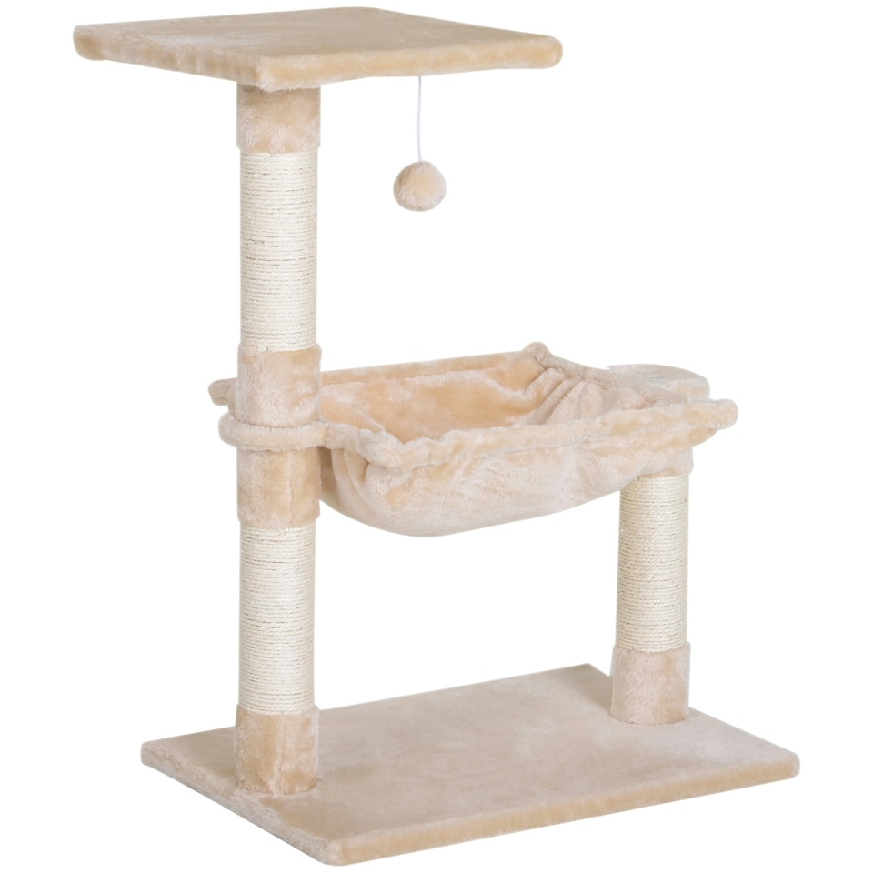 image 1 of PawHut Cat Tree Scratch Post with Bed Hammock Sisal for Indoor Cats Beige