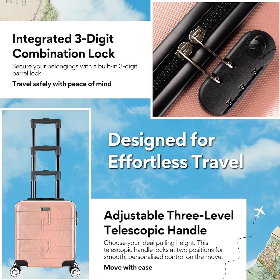 image 1 of Straame 45x35x20cm Rose Gold Cabin Suitcase, 360° Spinner Wheels