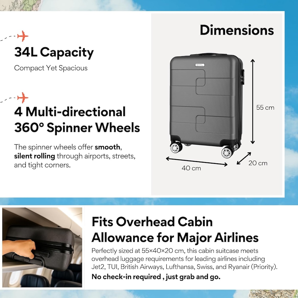 image 1 of Straame 55x40x20 cm Dark Grey Cabin Suitcase, 360° Spinner Wheels