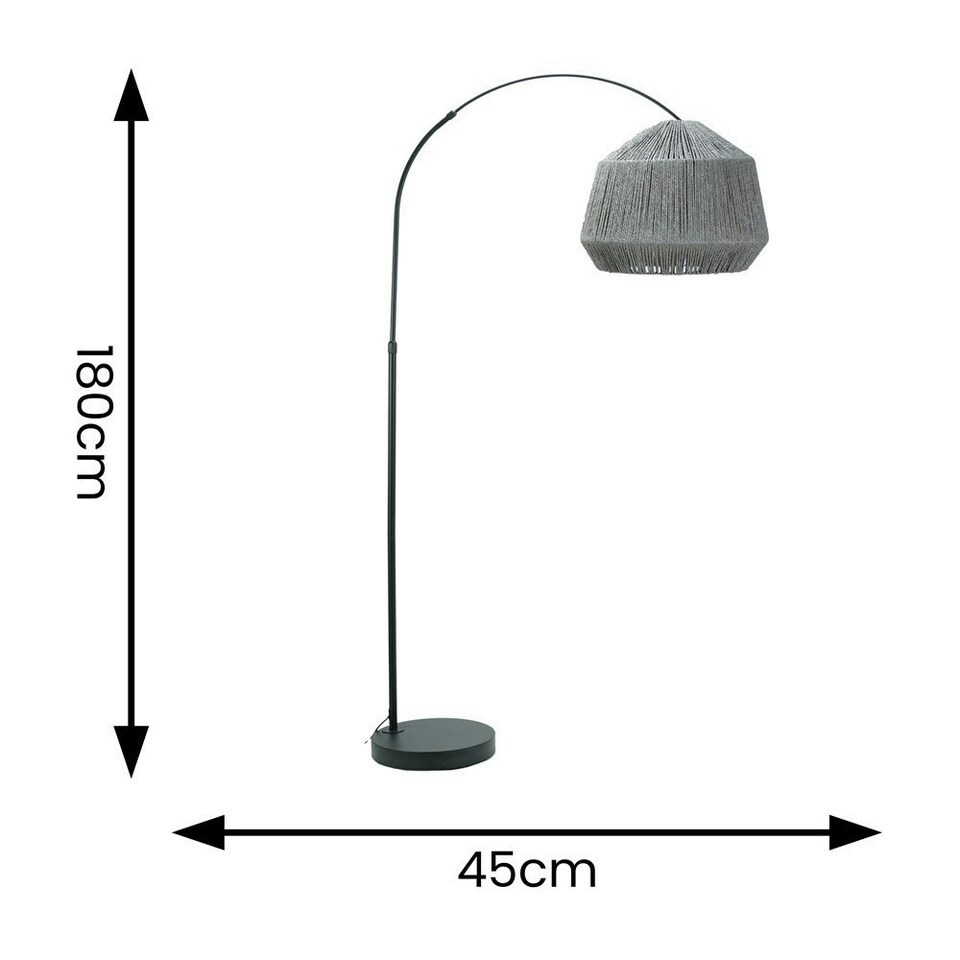 image 1 of ValueLights Louis Black Arched Curved Floor Lamp with Grey Rope Dome Lamp Shade