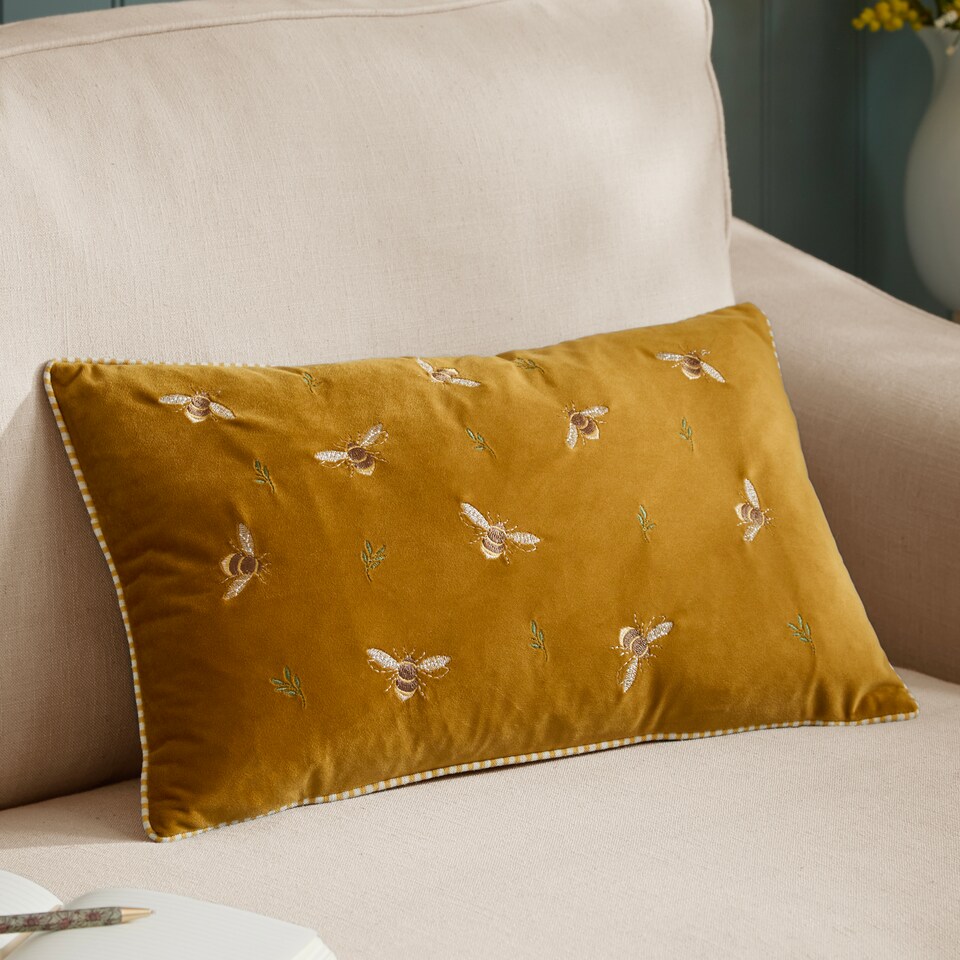 image 1 of Wylder Ramble Bees Embroidered Velvet Cushion