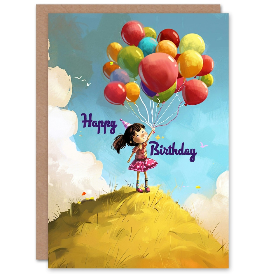 image 1 of Little Girl Balloon Bundle Hill Cartoon Cute Child Kids Birthday Card