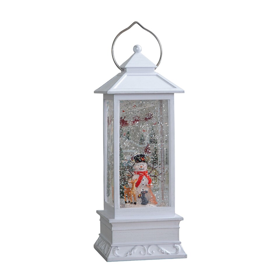 image 1 of 31cm Snowtime Christmas Water Spinner Antique Effect Lantern Snowman & Animals Scene  Dual Powered