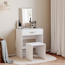 Vida Designs Isla Dressing Table 1 Drawer Mirror & Stool Set Vanity Makeup Desk, White