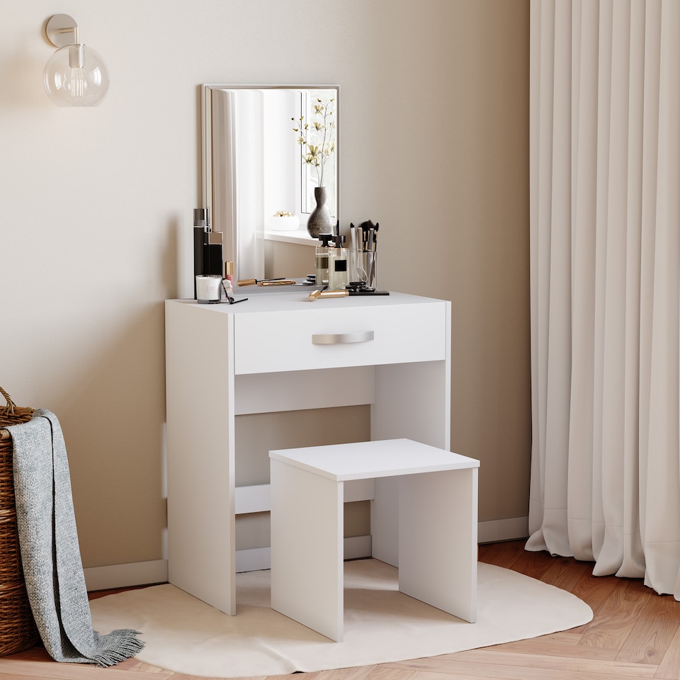 image 1 of Vida Designs Isla Dressing Table 1 Drawer Mirror & Stool Set Vanity Makeup Desk, White