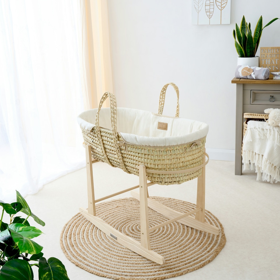 image 1 of Clair de Lune Organic Palm Moses Basket With Rocking Stand - Cream