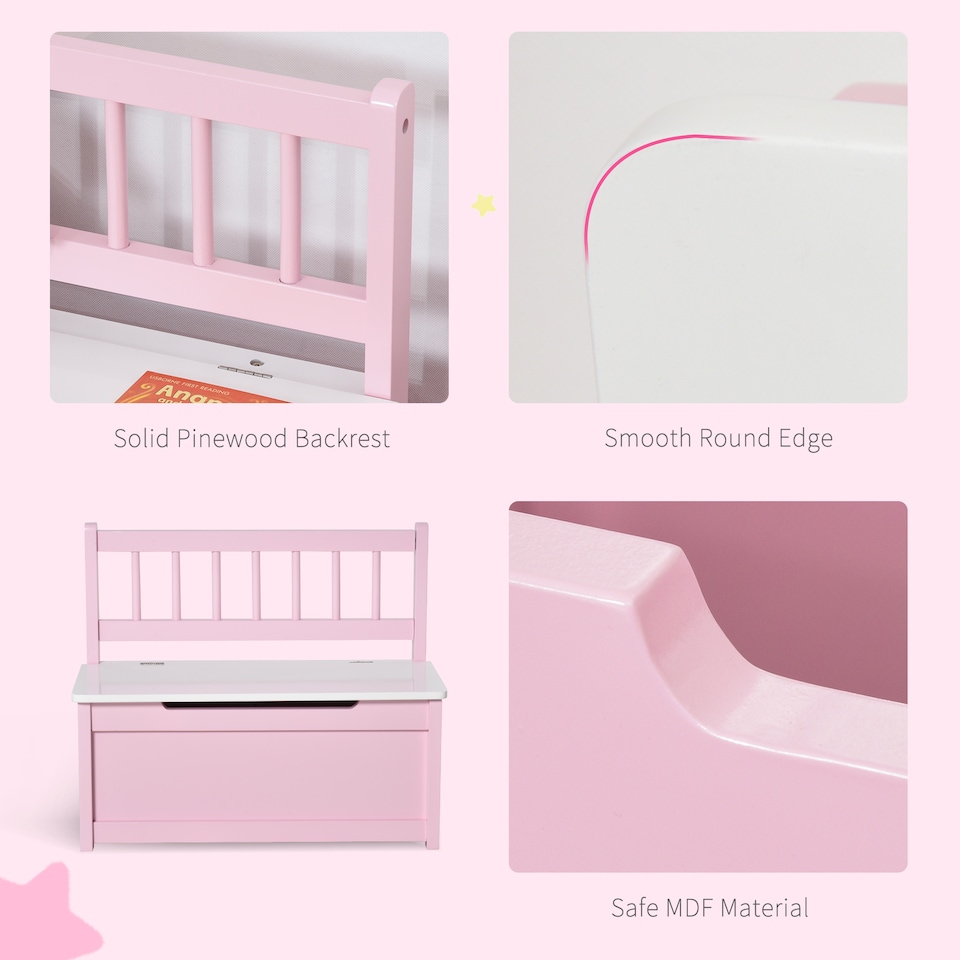 image 1 of HOMCOM 2 In 1 Wooden Toy Box, Seat Bench Storage Chest w Pneumatic Rod | Pink