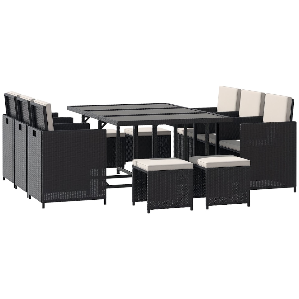 image 1 of Outsunny 10 Seater Cube Rattan Dining Set W/ Cushions Glass Top Table Black