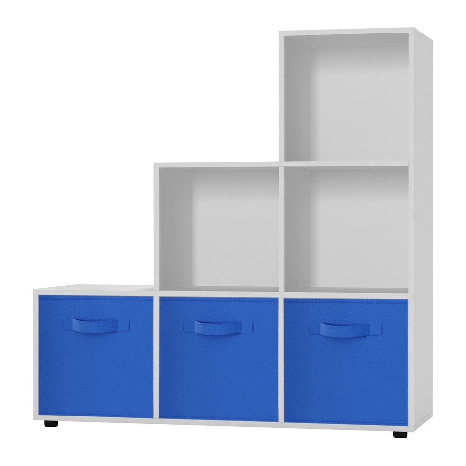image 1 of 6-Cube Step Shelving Unit With Non Woven Inserts | White | White & Dark Blue | 1