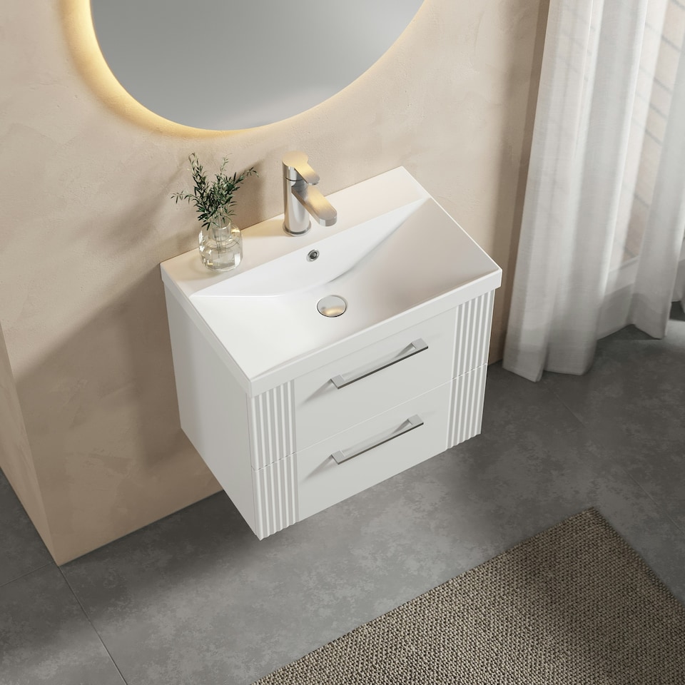 image 1 of Retro 2 Drawer Wall Hung Vanity Unit with Thin-Edge 1 Tap Hole Ceramic Basin - 600mm - Satin White - Balterley White