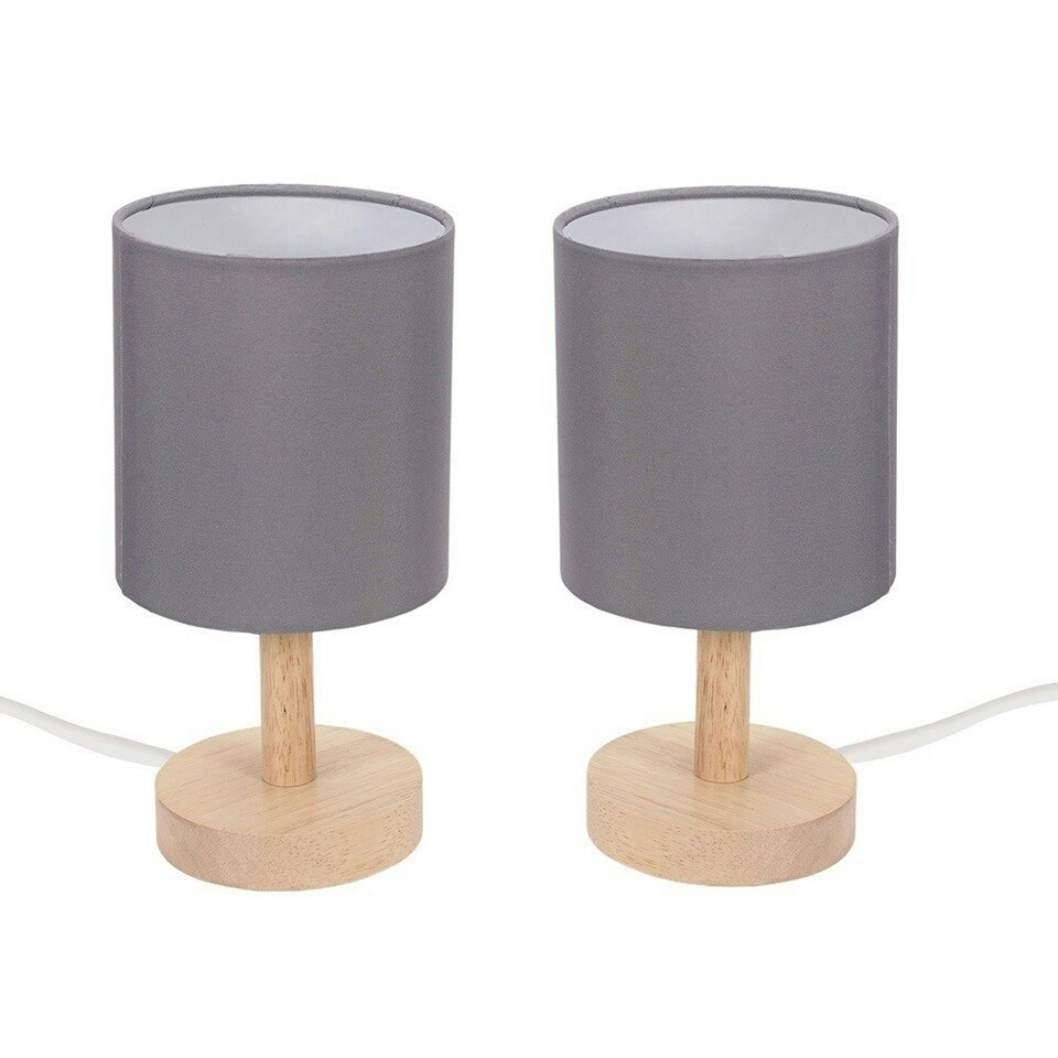 image 1 of ValueLights Nelly Pair of Grey Shade with Wooden Base Bedside Table Lamps