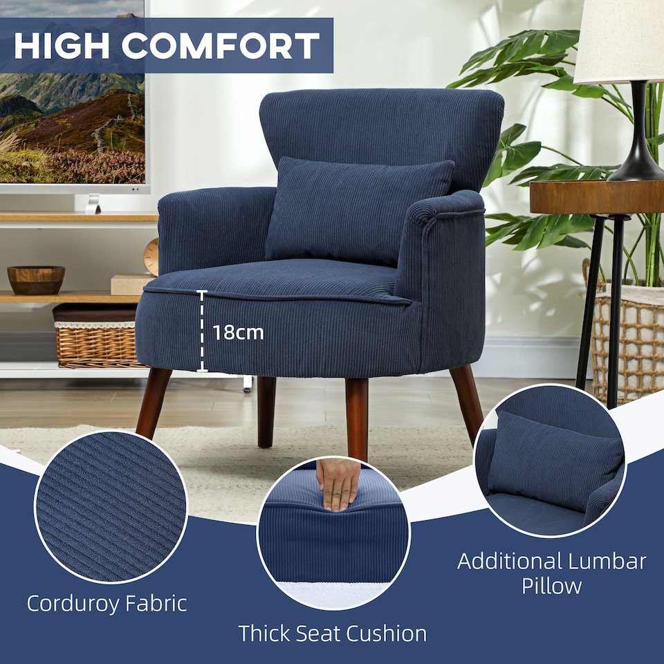 image 1 of HOMCOM Modern Armchair, Upholstered Corduroy Accent Chair with Thick Padded Seat, Lumbar Pillow, Rubber Wood Legs, Cuddle Chair for Living Room Bedroom Office, Blue