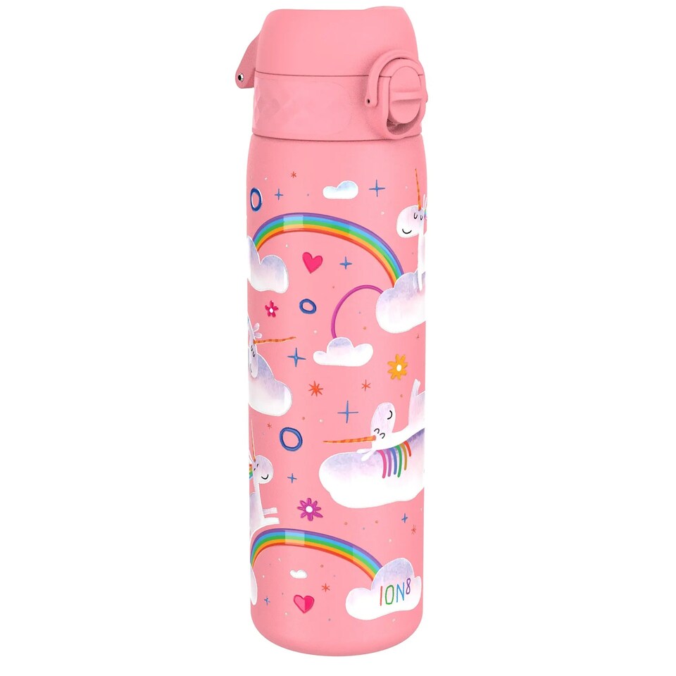image 1 of Leak Proof Slim Water Bottle, Vacuum Insulated, 500ml (17oz) | Pink | Unicorn Rainbows | One Size