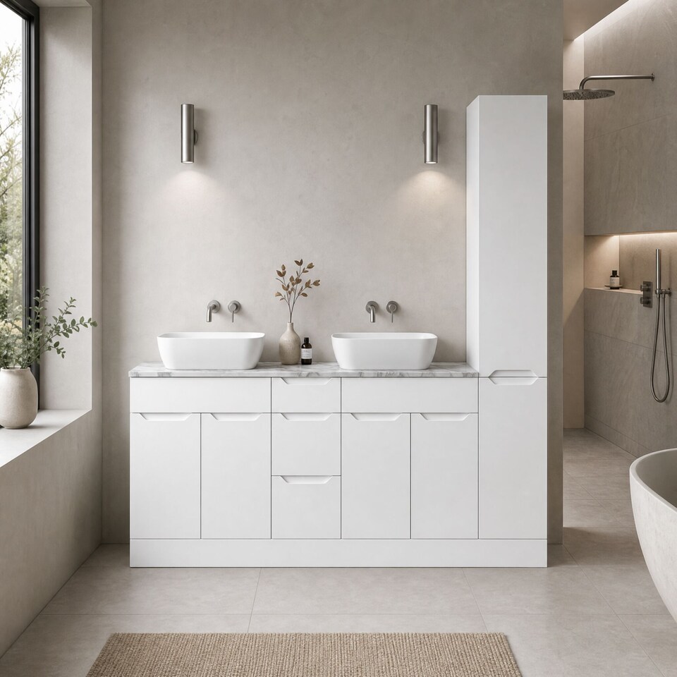 image 1 of Balterley Teddesley Floor Standing 4 Door 3 Drawer Vanity Combination Unit with Tall Unit, Laminate Worktop and Countertop Vessel, 1800mm, Matt White