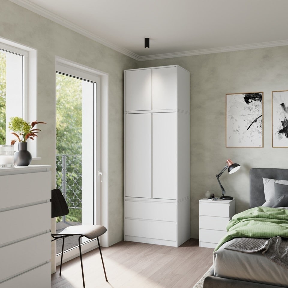 image 1 of 240cm 2 Sliding Doors Wardrobe Bedroom Storage Closet Hanging Rail Cupboard Unit | Multi | White Carcass & White Doors | 1