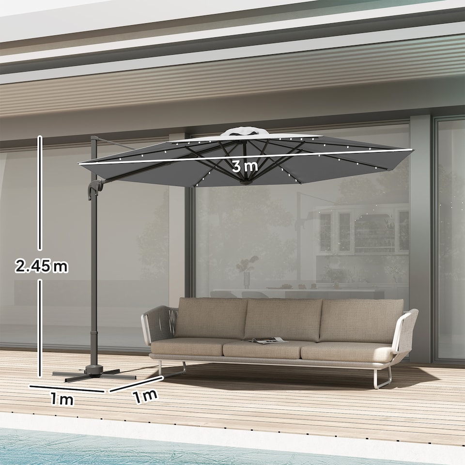 image 1 of Outsunny 3m Cantilever Roma Parasol Patio Sun Umbrella with Crank Tilt LED Solar Light Cross Base 360 Rotating Outdoor, Dark Grey