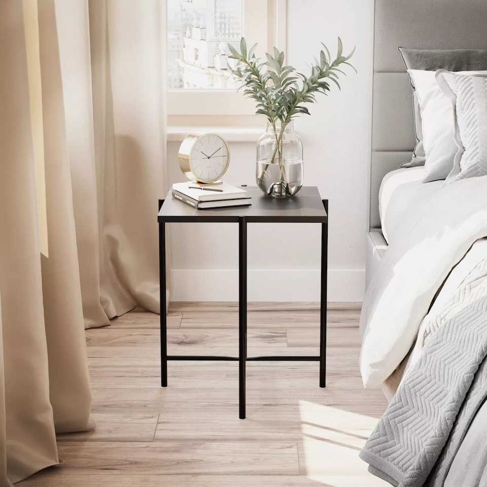 image 1 of Set of 2 Pcs Marble Effect Tops Square Round Side End Coffee Table Metal Frame | Black | Black Square | 1