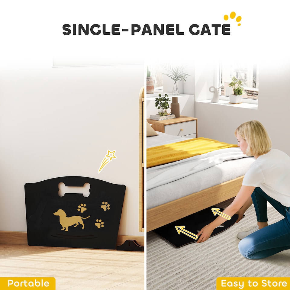 image 1 of PawHut Wooden Dog Stopper, Dog Barrier for Stairs, Patio, Indoors, Freestanding Pet Gate with Support Feet, Very Easy Setup, Lightweight, Black, 75 x 51 cm