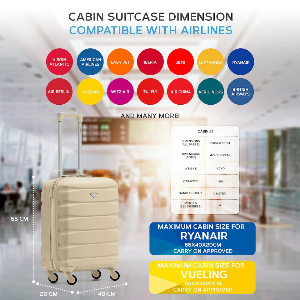 image 1 of 55x40x20cm Ryanair (Priority) TUI, Carry on Cabin Suitcase Hard Shell Approved for 60+ Airlines Cream | Champagne | Cabin Bag