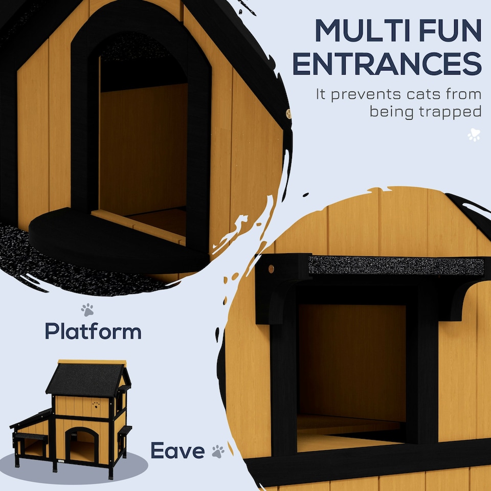 image 1 of PawHut Wooden Outdoor Cat House w/ Flower Pot, Windows, Multiple Entrances Yellow