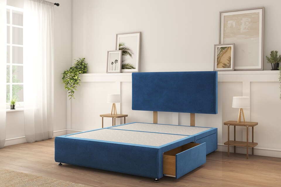 image 1 of Sloomy Rutherford Navy Plush Divan Bed With Mattress 2 Drawers Left 26" Strutted Headboard & 12" Footboard 4'6 Double