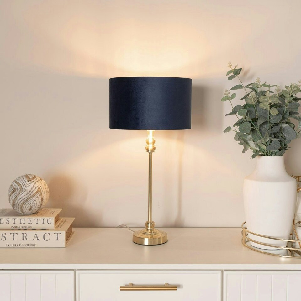image 1 of ValueLights Maggie Gold Candlestick Table Lamp with Navy Blue Velvet with Gold Inner Lamp Shade