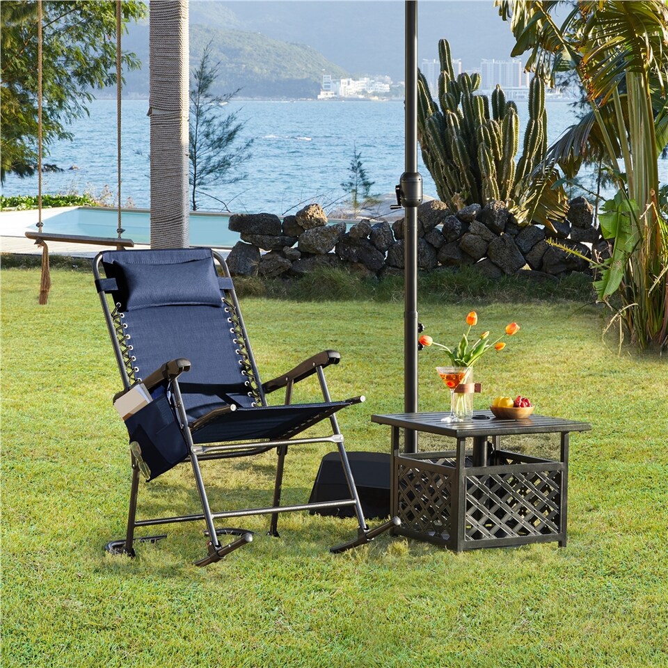 image 1 of Yaheetech 65.5 cm W Foldable Rocking Lounger with Pillow-Navy Blue | Blue | Navy Blue | One Size | 1
